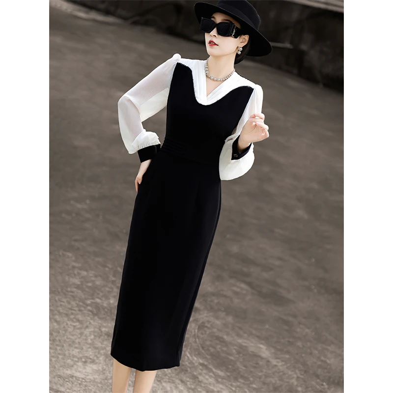 MEXCOCO/兰瑟儿春季新款气质高级感通勤拼接修身连衣裙女M5CL9337