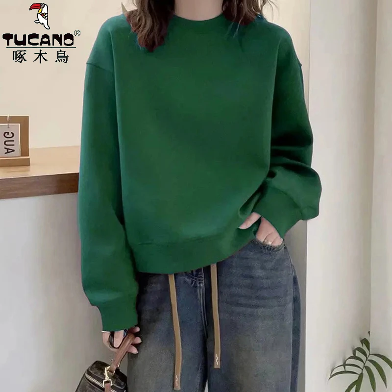 啄木鸟纯棉简约纯色印花百搭长袖卫衣春秋款宽松圆领高级感打底衫