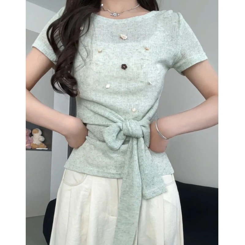 小清新薄荷绿贝壳立体装饰蝴蝶结绑带短袖女2025夏新宽松显瘦上衣