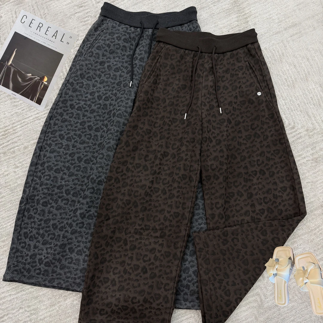 2025冬季新品时尚百搭款潮流豹纹加绒保暖长裤休闲洋气女士裤8307