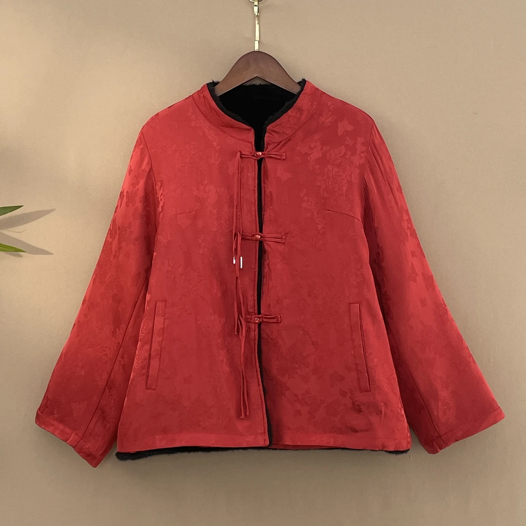 【舒梦】加棉加厚秋冬季气质棉外套新中式宽松双面双穿毛领上衣女款