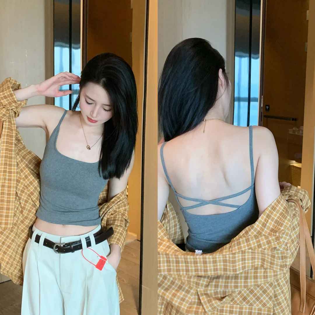 新款外穿带胸垫白色小吊带交叉美背背心辣妹女打底内搭免穿文胸