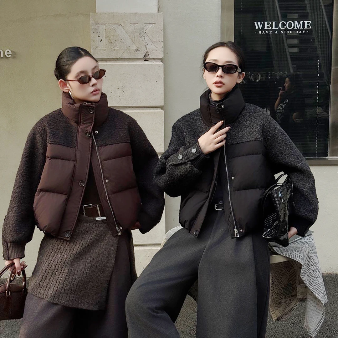 小众拼接设计感羽绒女立领简约大气白鸭绒保暖上衣短外套2025冬