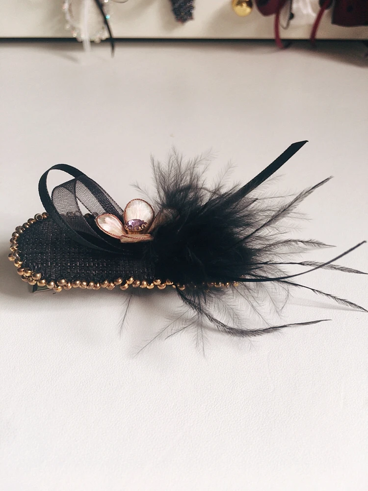 绒花驼鸟毛边夹森系原创设计发夹鸭嘴夹手工发卡小香风