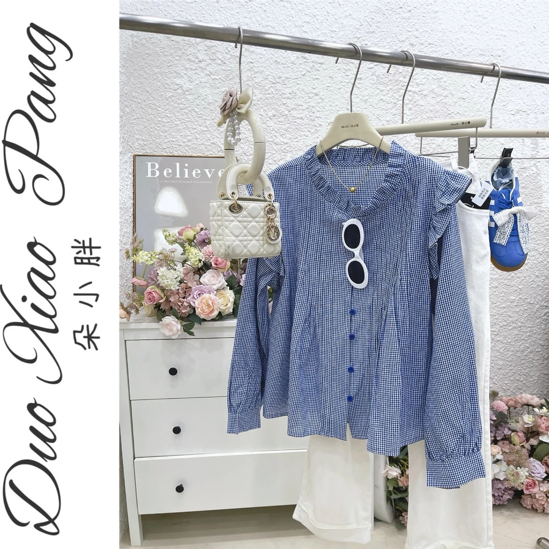 大码法式飞飞袖衬衫女初秋休闲长袖衬衣别致复古格子上衣8288