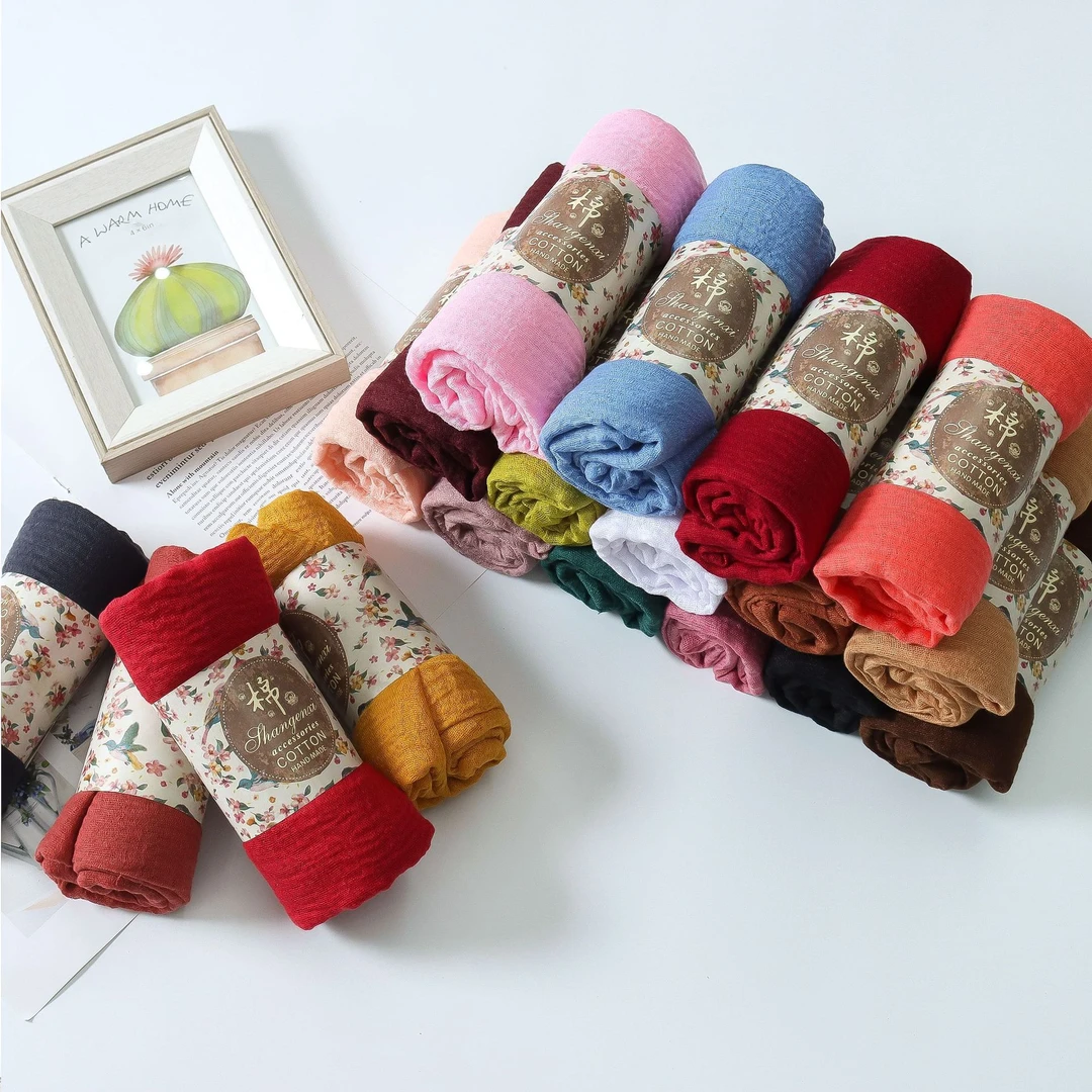 褶皱纯色仿棉麻90*180网红围巾压皱毛须边大尺寸泡泡巾女士包头巾