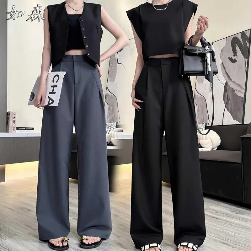 时尚简约老钱风弯刀阔腿西装裤女夏季薄款高腰宽松显瘦直筒休闲裤