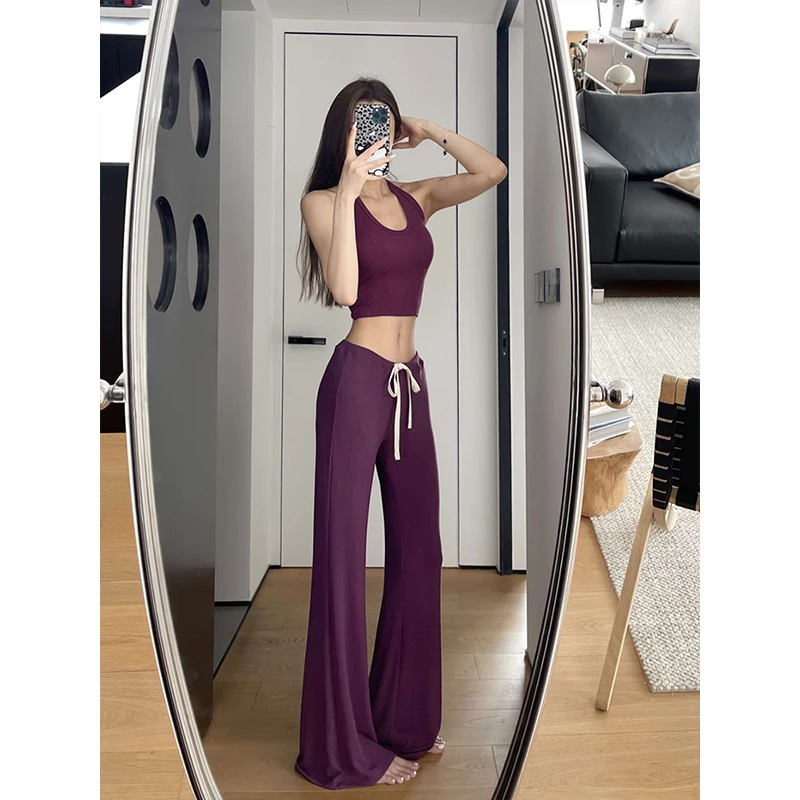 MosesQueen/魔西女王美式紫色垂感休闲裤高腰显瘦直筒拖地长裤子