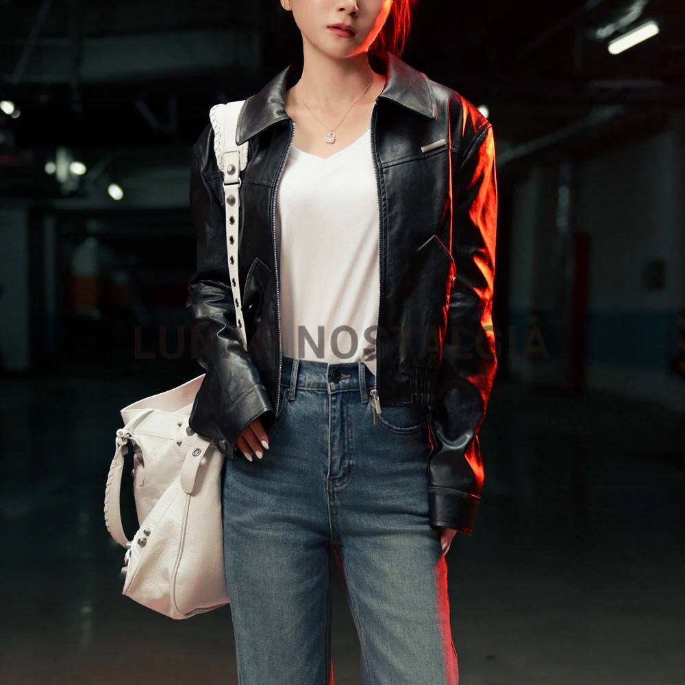 2025新款翻领复古机车PU夹克外套女102530C020018秋季