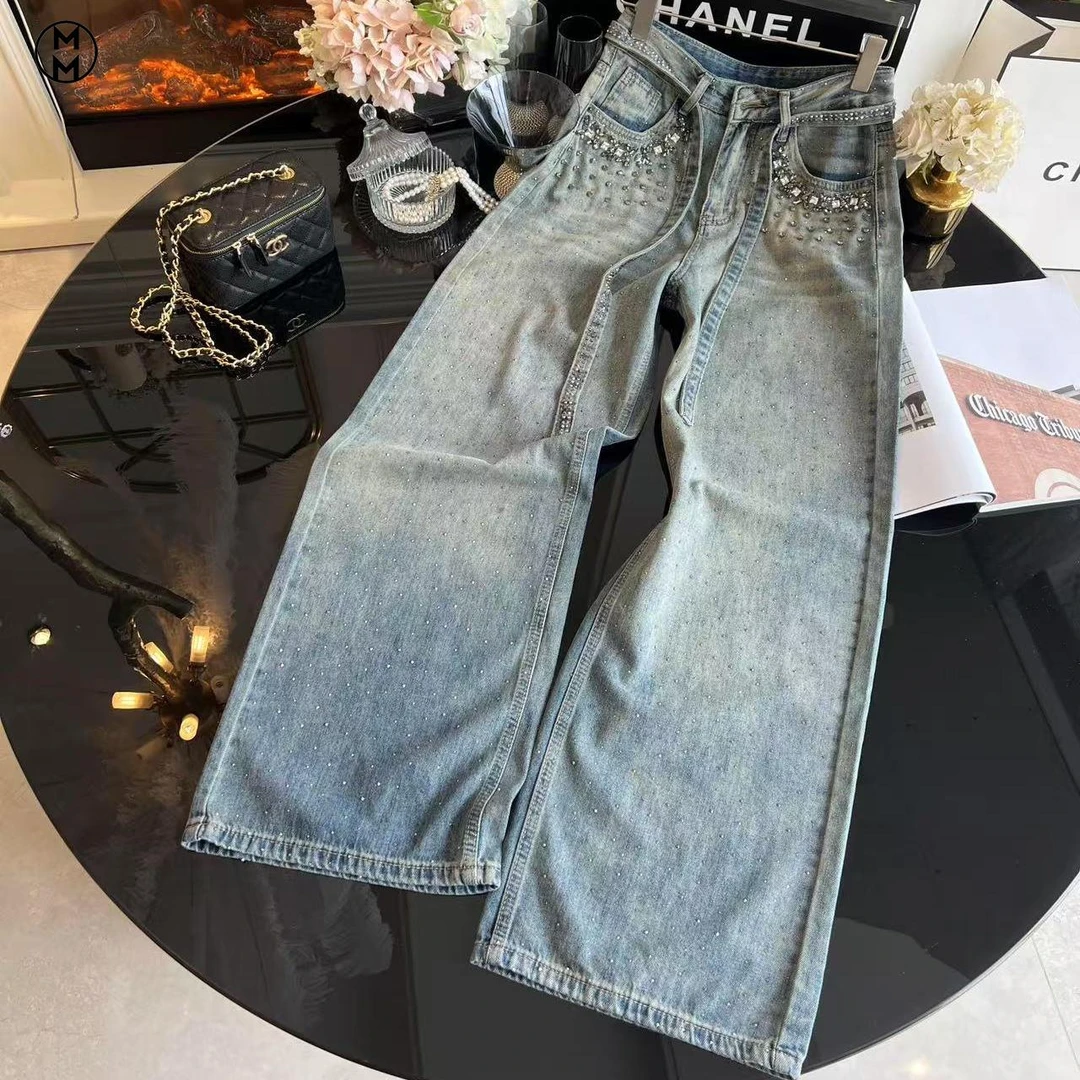 MM春夏设计感高腰显瘦烫钻休闲直筒裤重工镶钻复古时尚牛仔裤女