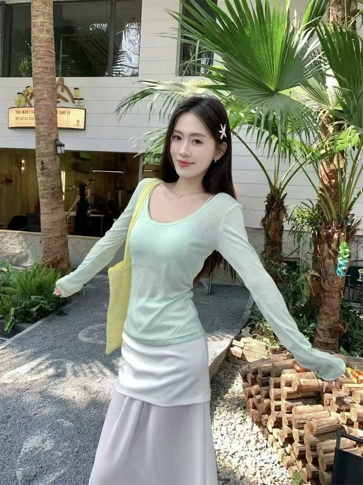 夏季纯欲显瘦套装薄荷绿防晒罩衫吊带背心假两件半身裙气质两件套