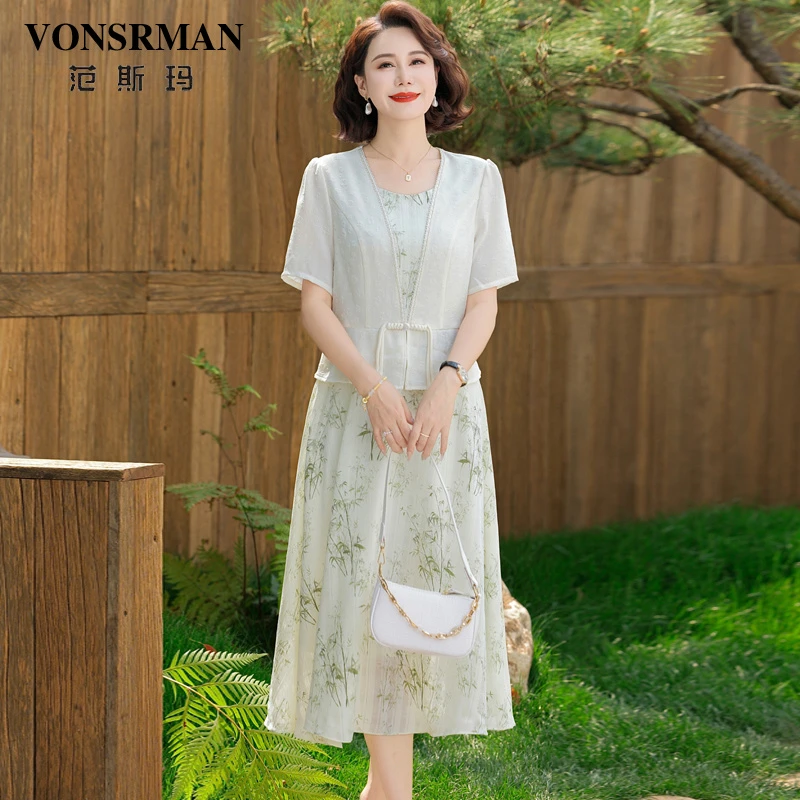 雪纺印花连衣裙女2025夏季新款时尚短袖气质修身显瘦遮肚子中长裙