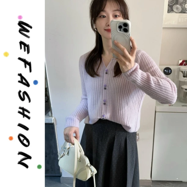 【WE】剪刀领坑条彩色单排扣长袖羊毛针织开衫（冷水手洗）