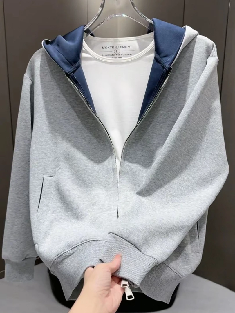韩版拼色双拉链外套男生秋冬高级感时尚连帽上衣男士重磅卫衣开衫