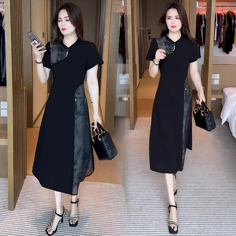 国风连衣裙夏季气质洋气时尚收腰修身显瘦黑色拼接减龄连衣裙
