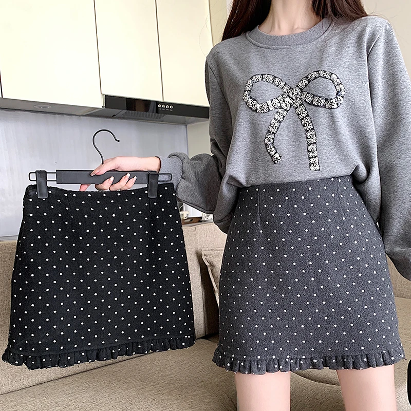 【鱼白专属】冬季荷叶边高腰显瘦波点半身裙防走光呢子保暖半身裙