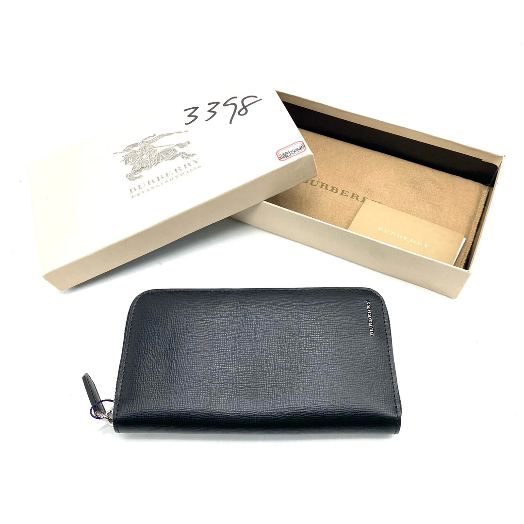 99新 BURBERRY/博柏利 未使用黑色全皮拉链钱包尺寸20/10时尚