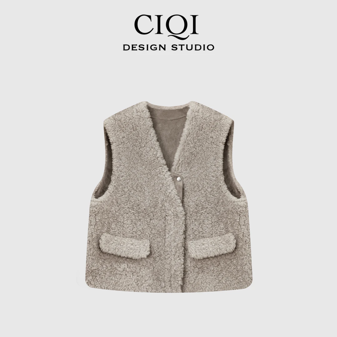 CIQI STUDIO【暖意环绕】100绵羊毛皮毛一体单排扣上衣马甲MyB53523