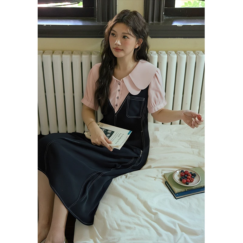 藏青色长款夏季气质连衣裙背带长裙裙子ZL54583