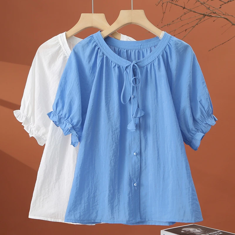 设计感短袖衬衫女夏季2025新款洋气小衫减龄宽松遮肉女士蓝色上衣