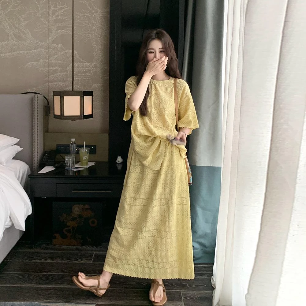 黄色蕾丝拼接时尚套装裙女2025夏法式洋气休闲装上衣半身裙两件套