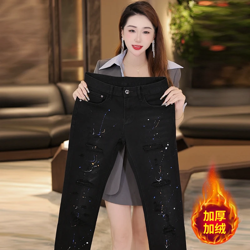 秋冬高端男士破洞牛仔裤加绒加厚防寒保暖穿搭修身弹力显瘦裤子男