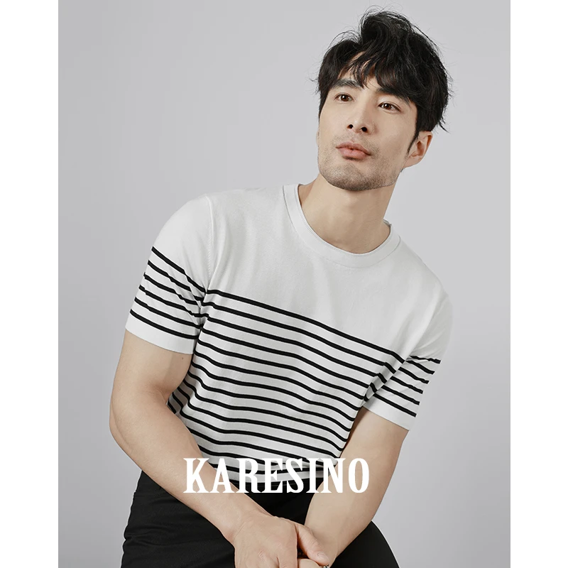 KARESINO夏季薄款冰丝莱赛尔 男士圆领商务条纹针织衫休闲短袖T恤