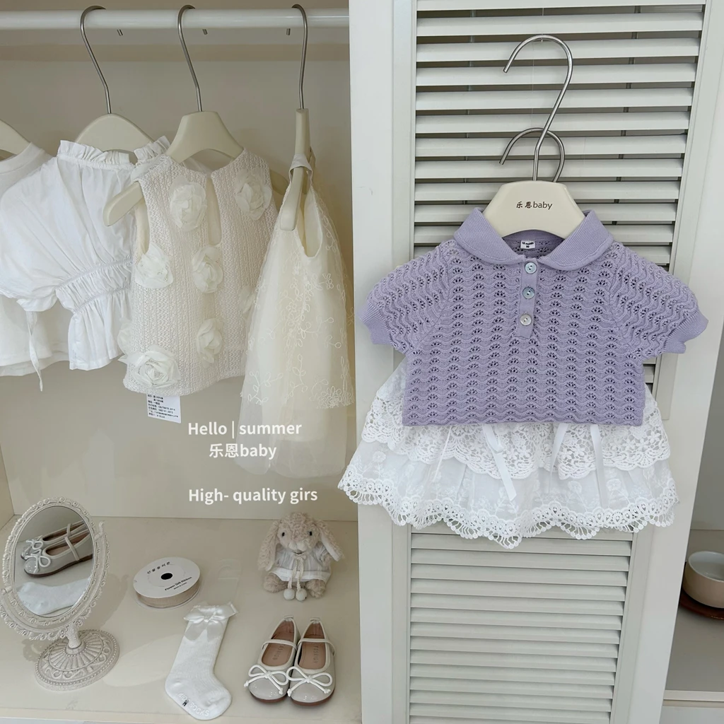 现【乐恩baby】韩版女童紫色镂空针织衫蕾丝蛋糕裙娃娃领洋气夏季套