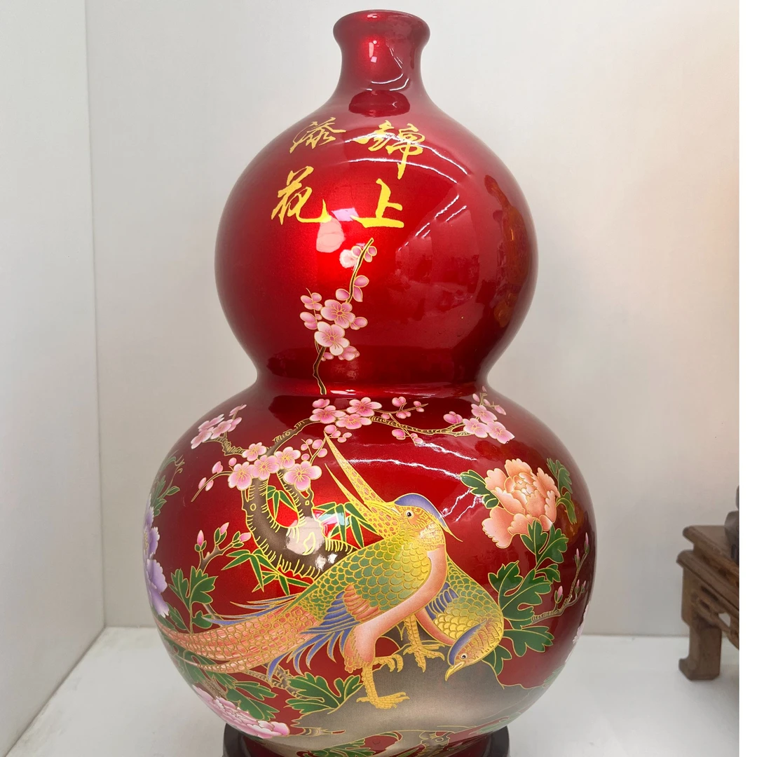 景德镇陶瓷中国红锦上添花葫芦瓶