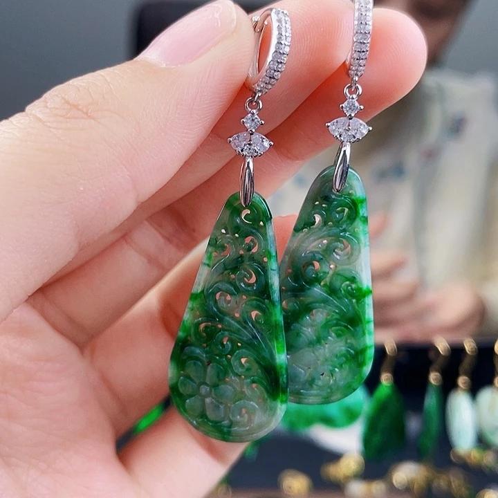 翡翠耳饰银S925镶嵌饰品