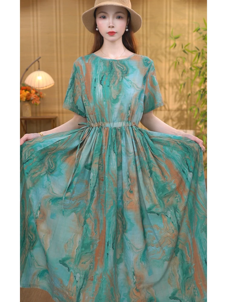 【水墨画】夏季新款大摆裙文艺复古过膝系带收腰显瘦洋气长裙子