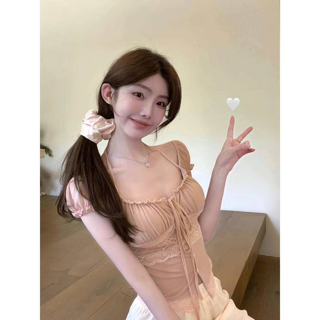 白水女 微醺蜜桃 泡泡袖蕾丝T恤女夏度假氛围感粉色上衣B50651533