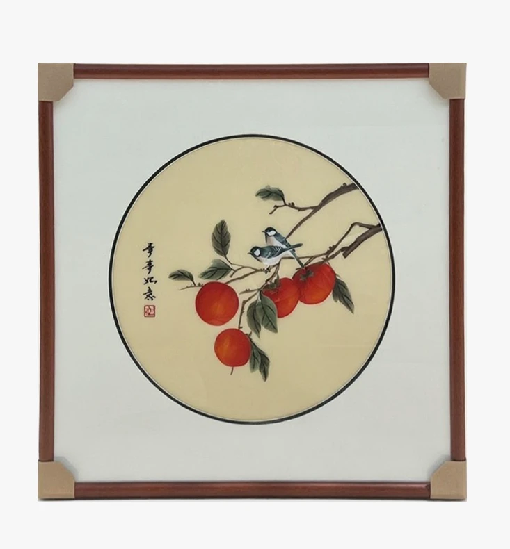 手工刺绣事事如意柿子花鸟挂画客厅沙发墙装饰精品