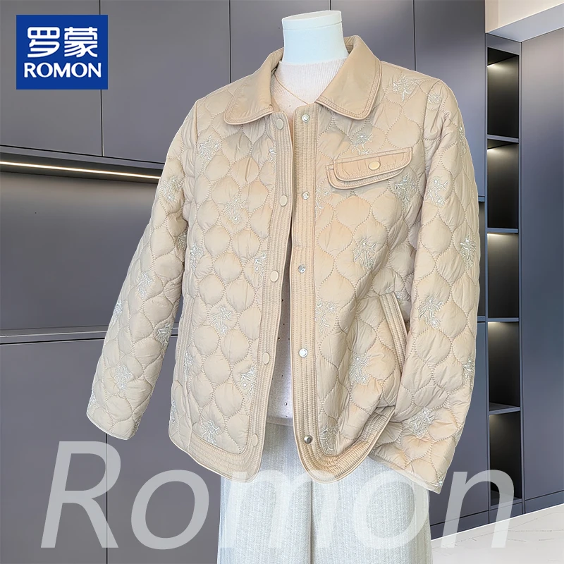 罗蒙妈妈装冬季时尚保暖棉衣中老年女装秋冬气质翻领轻薄棉袄上衣