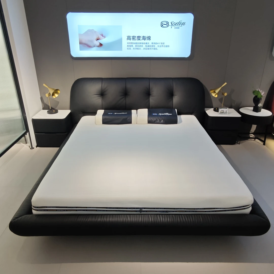 【小泡芙】真皮床现代主卧黑色落地床轻奢大气简约复古松弛感