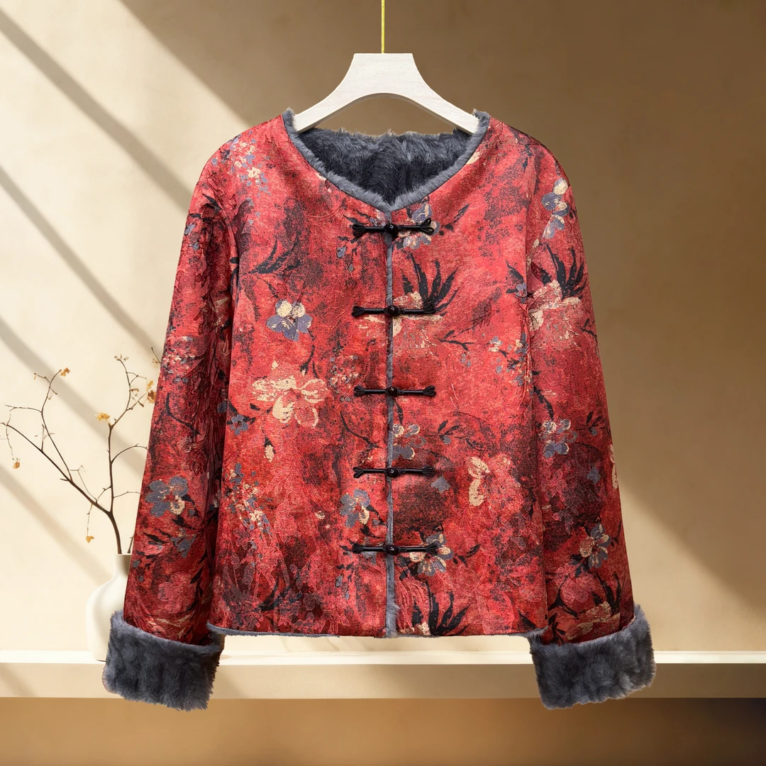 Y1991新中式国风提花缎花双面穿毛毛短外套秋冬上新高奢盘扣爆款
