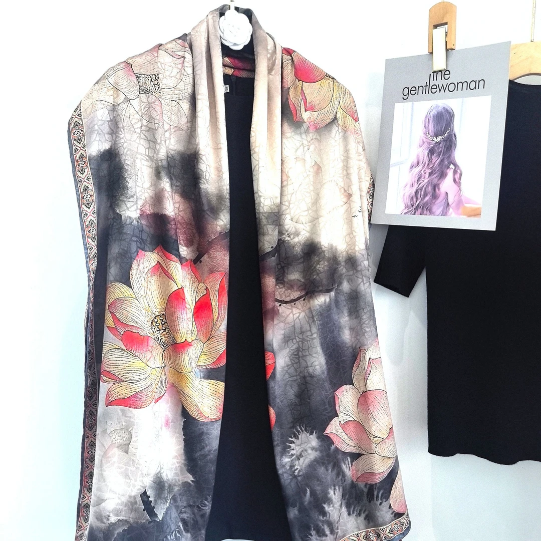 A308【九莲宝灯】香云纱 龟裂纹新中式轻奢高定长巾70*180