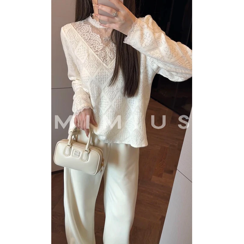 【mimius】U 羊毛桑蚕丝半高领蕾丝拼接长袖上衣 G10284