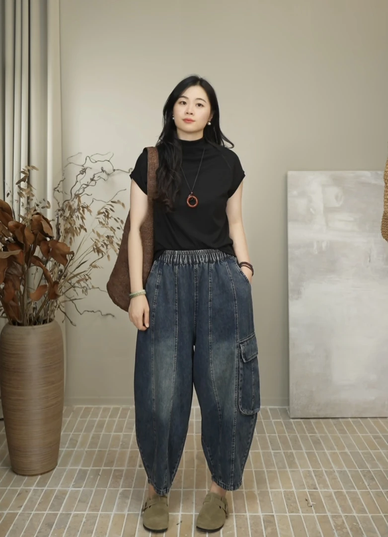 九月JIUYUE磨白牛仔工装裤复古港风大口袋九分阔腿灯笼裤 8028