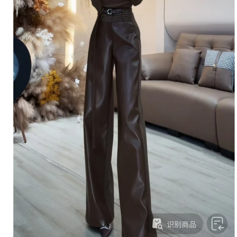 【YING FASHION】莹老板-设计款百搭飘带加绒阔腿皮裤 91070355