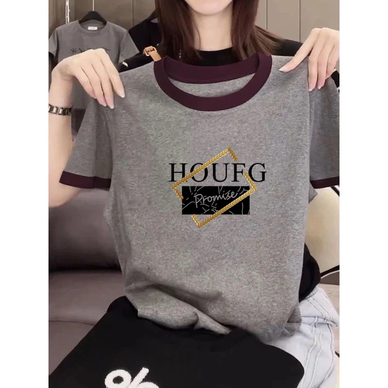 正肩圆领撞色短袖女t恤2025新款时尚百搭洋气设计感小众夏季上衣