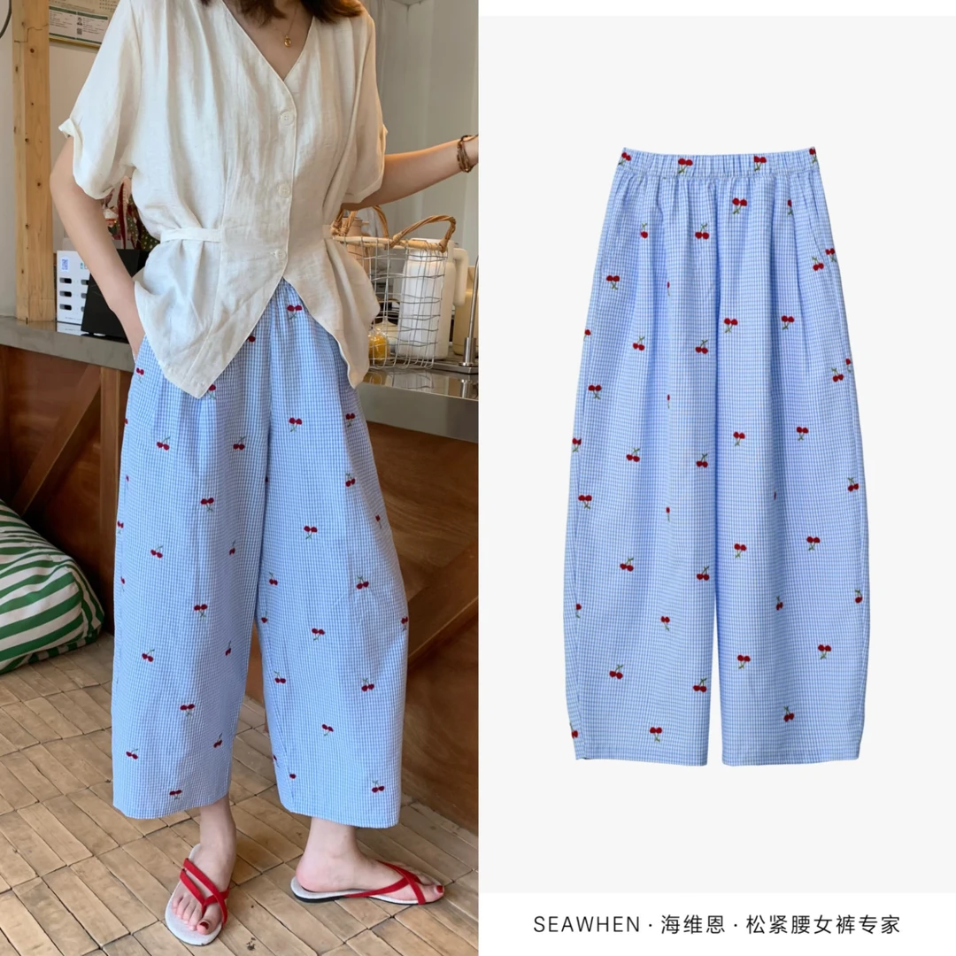 SEAWHEN海维恩夏季新款童趣格子裤九分气球女裤小个子松紧腰显瘦