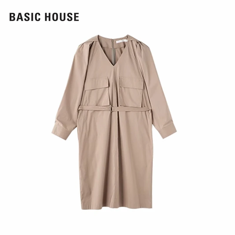 Basic House/百家好时尚V领收腰连衣裙BJ887-HVOP529CBE