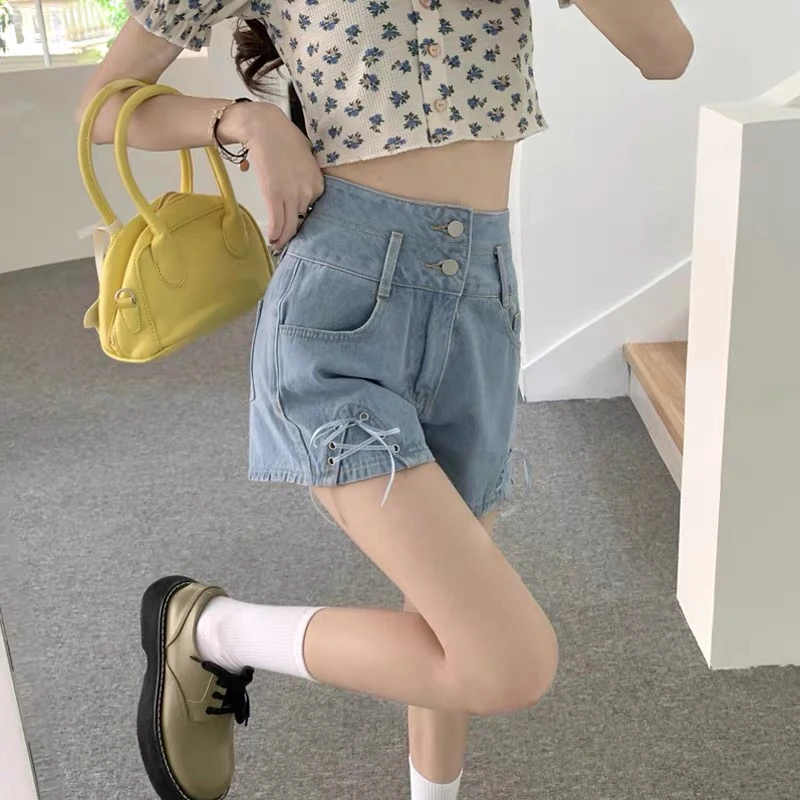 W绑带牛仔短裤女夏短裤辣妹a字显瘦设计感短裤A1329