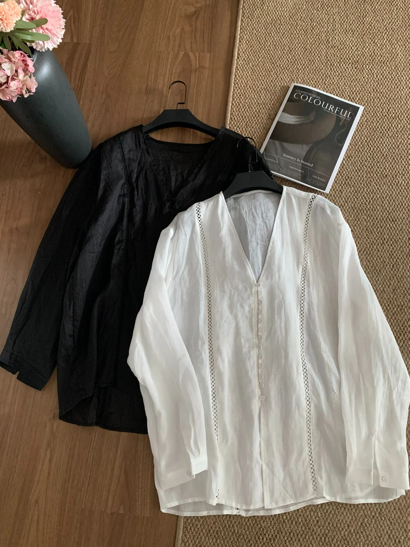 【YY STUDIO】夏季苎麻气质拼接蕾丝休闲宽松百搭长袖开衫上衣