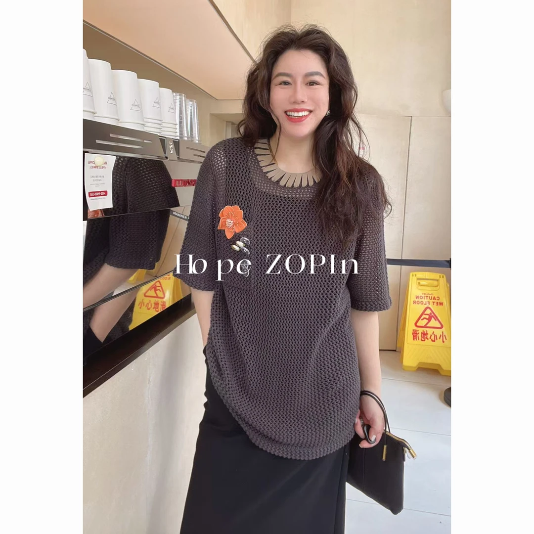 【大G精选】“玩味艺术” 小众设计感撞色领镂空蒙透上衣