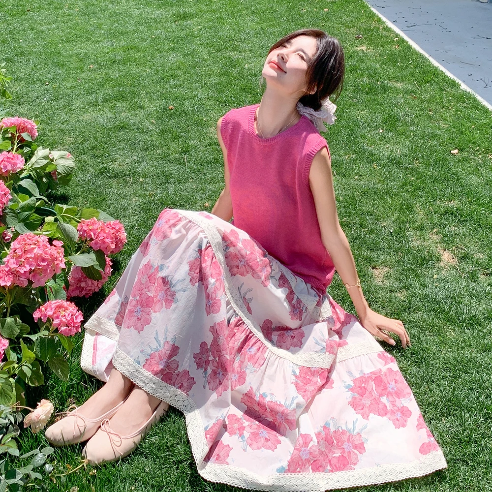 多巴胺粉色无袖上衣印花半身裙套装两件套女夏季法式漂亮明媚穿搭