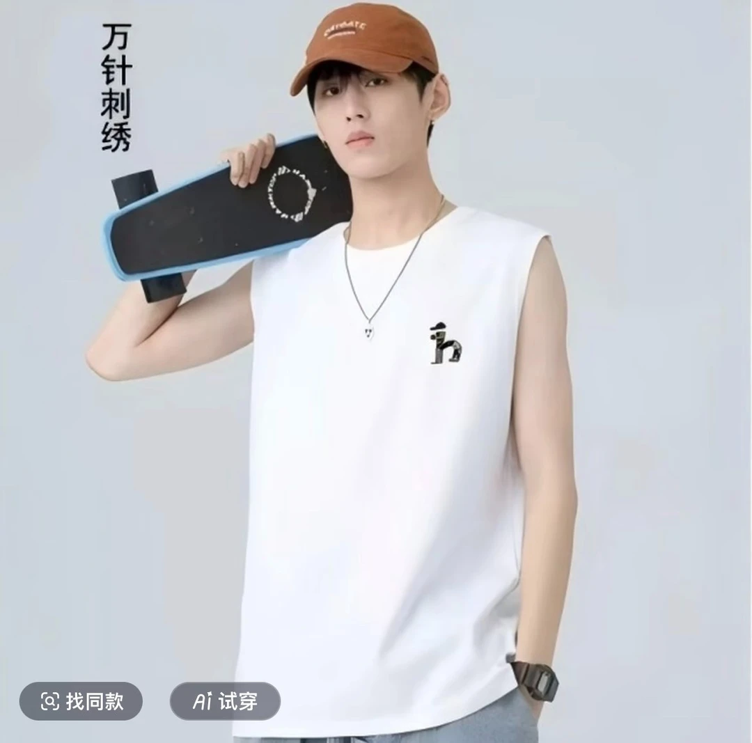 【精致刺绣潮款】时尚运动夏季无袖迪桑棉宽松时尚百搭h狗男款背心