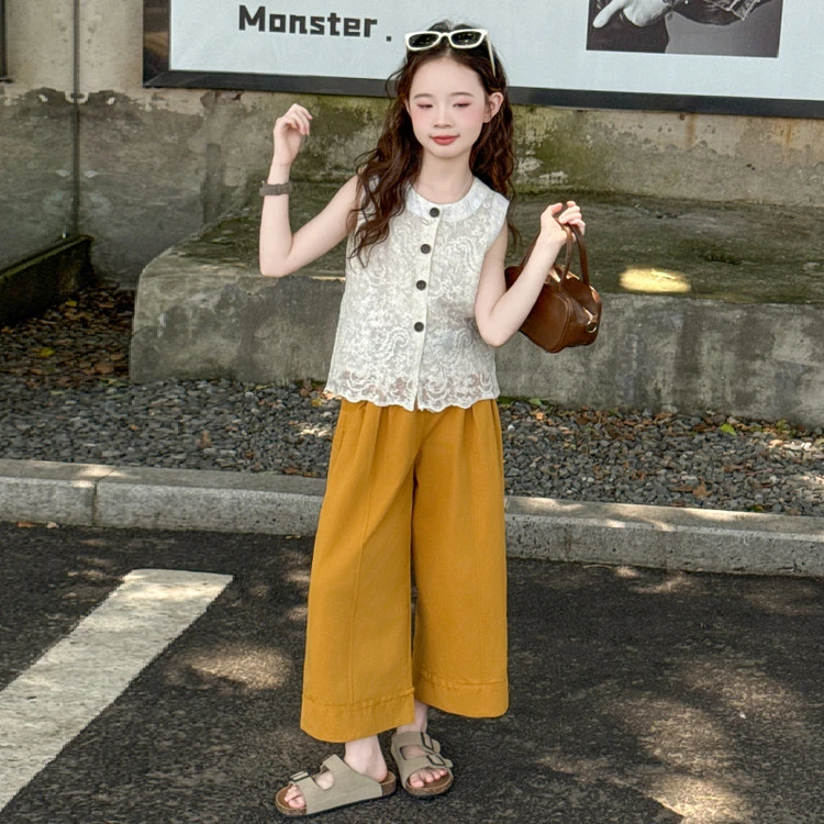 女童套装2025夏季新款蕾丝无袖背心两件套6-12岁15休闲中大童蕾丝