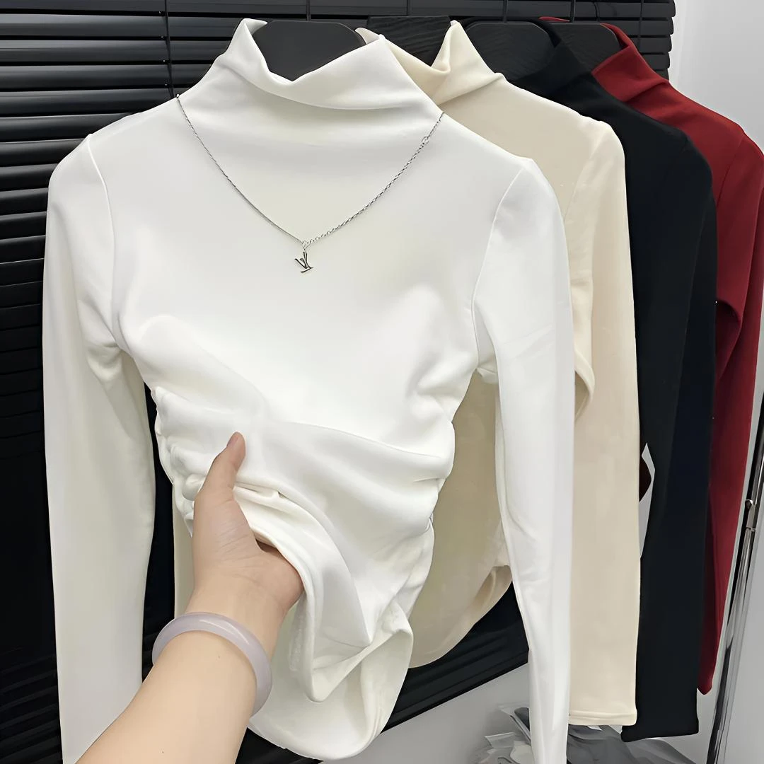 德绒半高领纯色长袖打底衫加厚t恤女秋冬季新款修身显瘦短款上衣